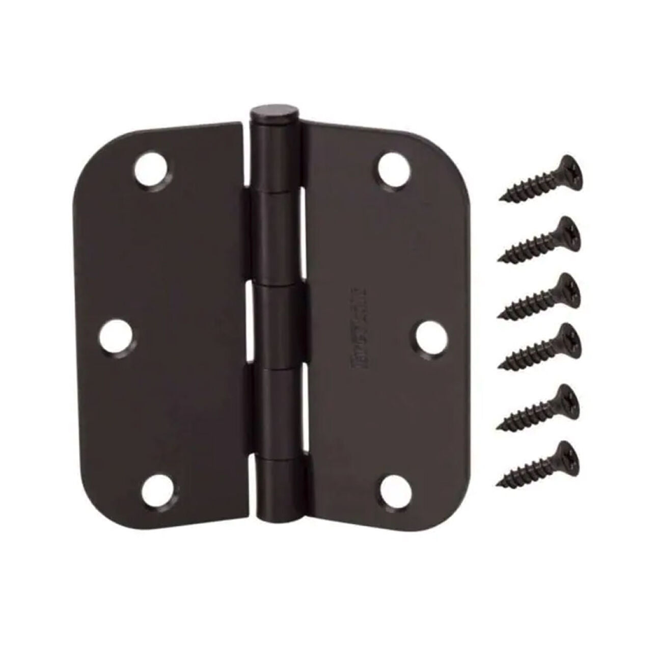 The Go Build 3-1/2 in. (5/8 in. rad.) Round Corner Door Hinge in oil-rubbed bronze (12 Pack) is shown with four screw holes and six black screws on the right, all set against a white background.
